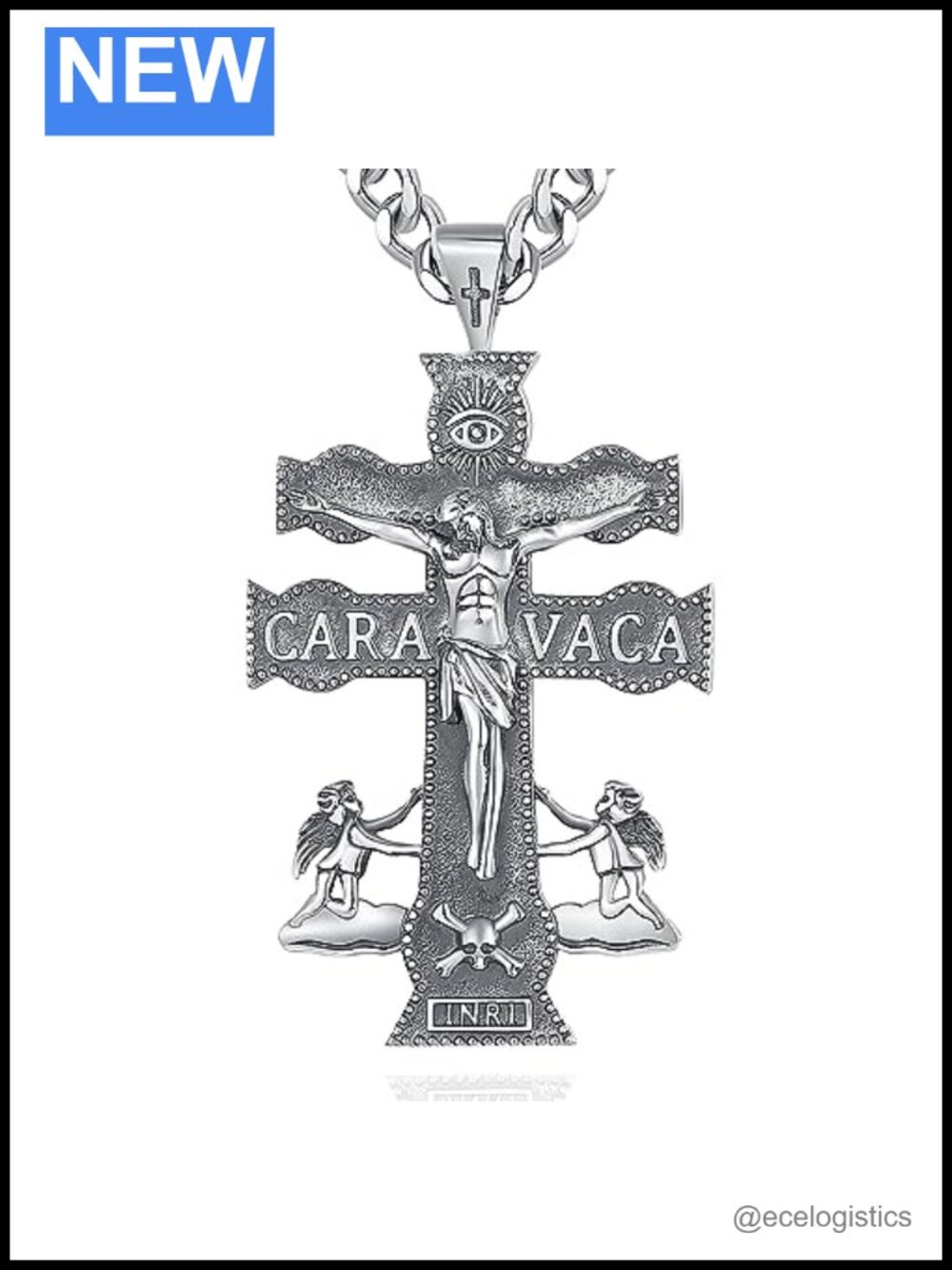 925 Sterling Silver Caravaca Cross Pendant Necklace 24in Cuban Chain